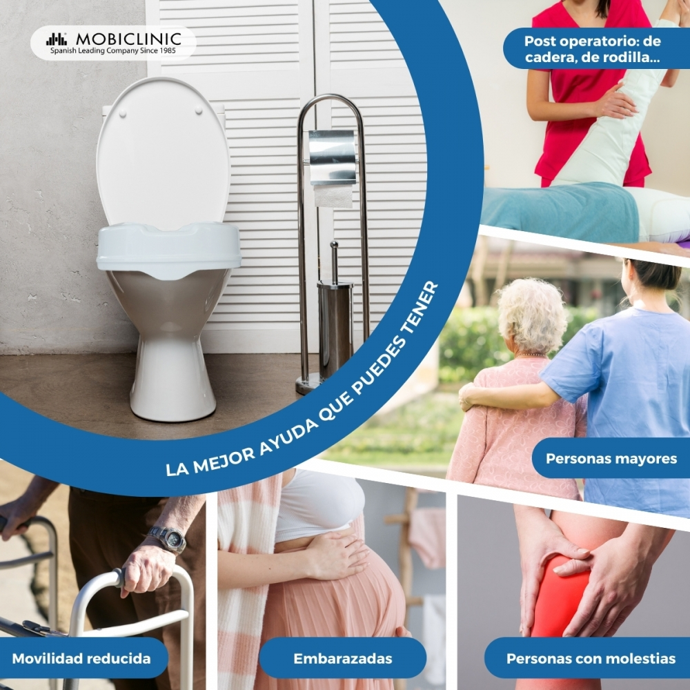 Anuncio de Mobiclinic mostrando elevador de inodoro, rehabilitación, mayores, embarazadas, dolor de rodilla.