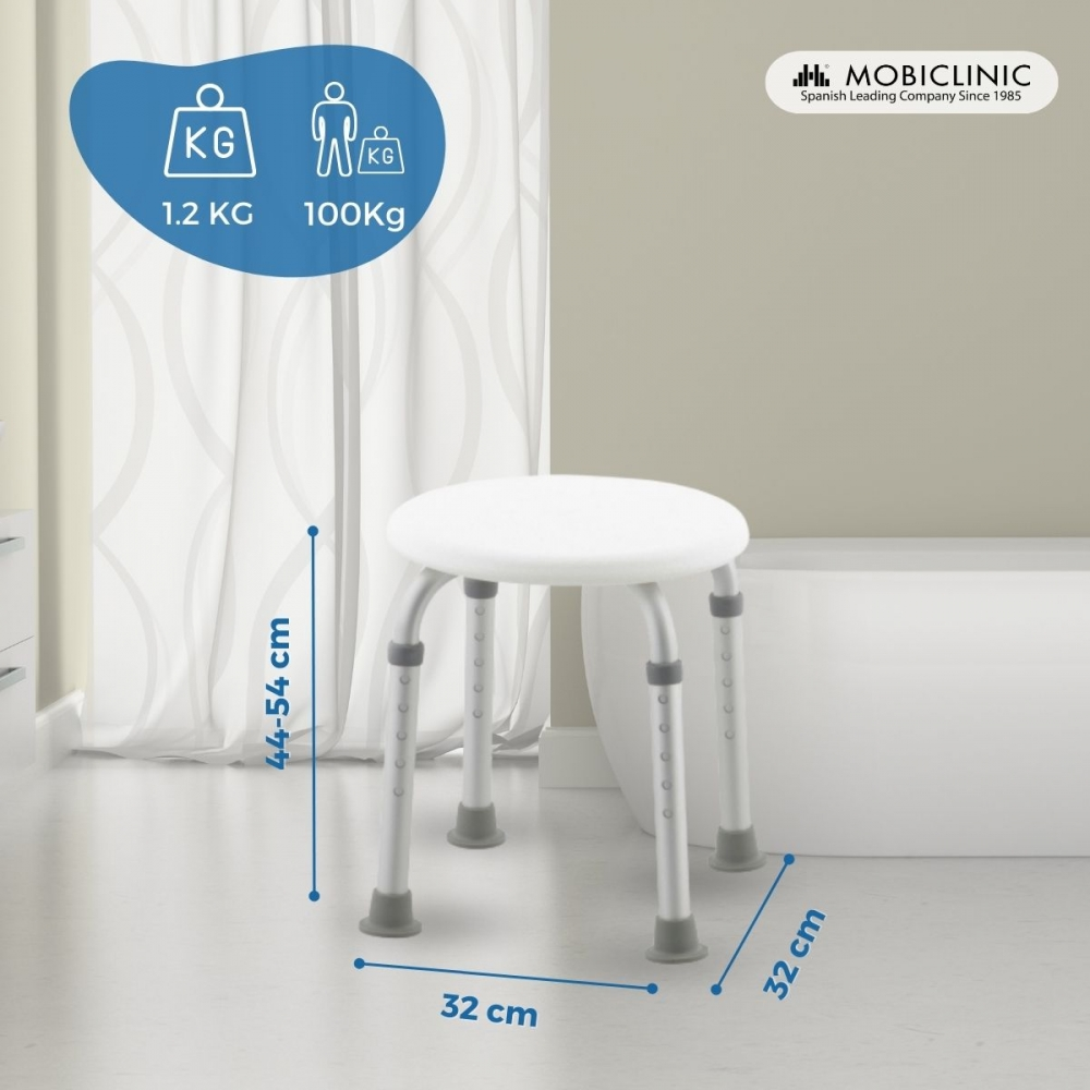 Taburete de ducha blanco con patas ajustables, 32x32cm, altura 44-54cm.