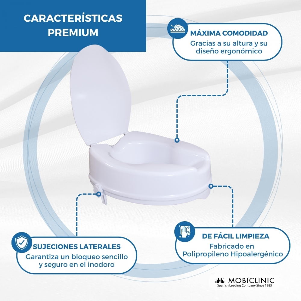 Elevador de inodoro blanco con tapa, sujeciones laterales y diseño ergonómico.