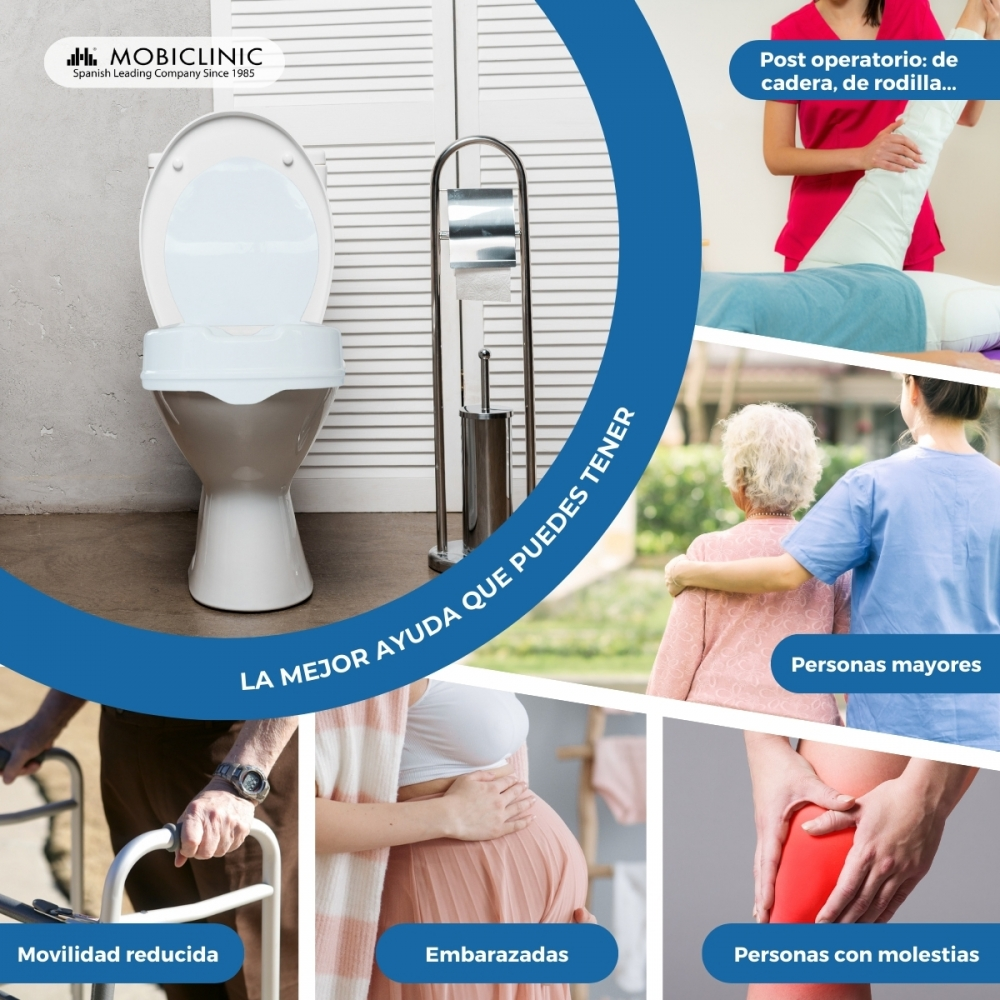 Collage de ayudas de movilidad: elevador de inodoro, cepillo, post-operatorio, cuidado ancianos, embarazo, dolor rodilla.