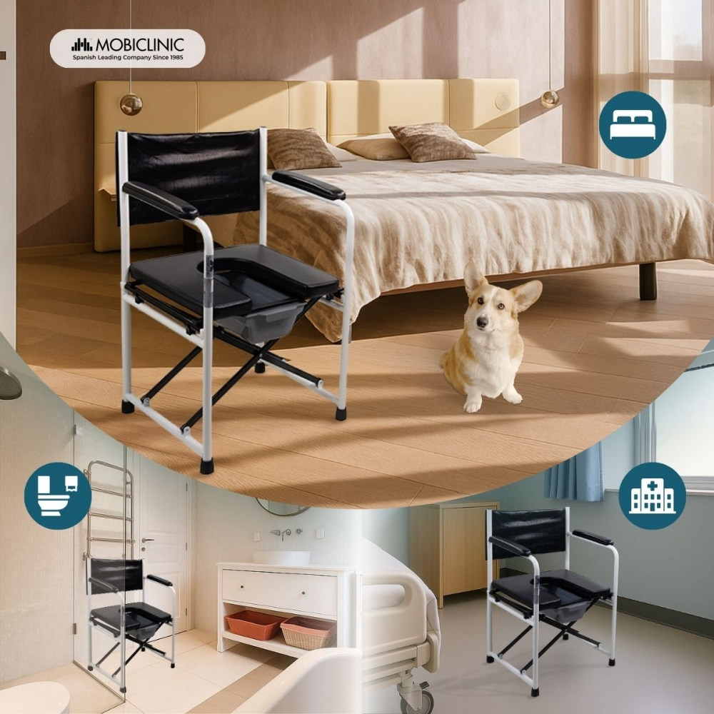 Silla inodoro plegable junto a cama con perro. Vistas de baño y hospital.