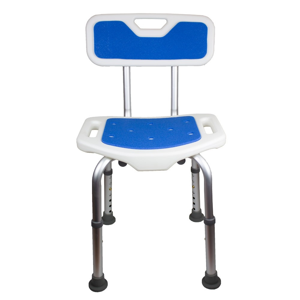 Silla de ducha con asiento y respaldo acolchados en azul.