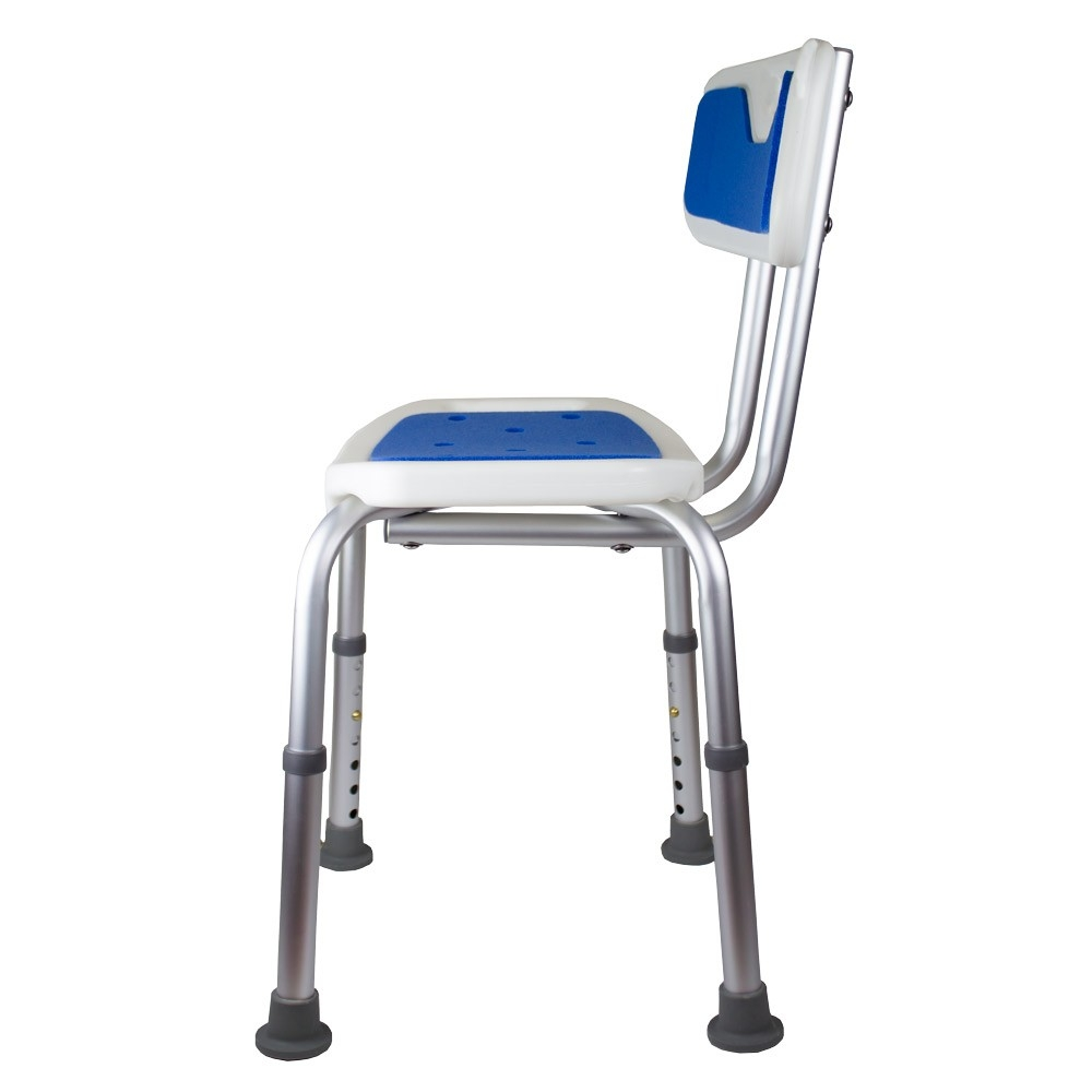 Silla de ducha ajustable de aluminio con asiento y respaldo azules.