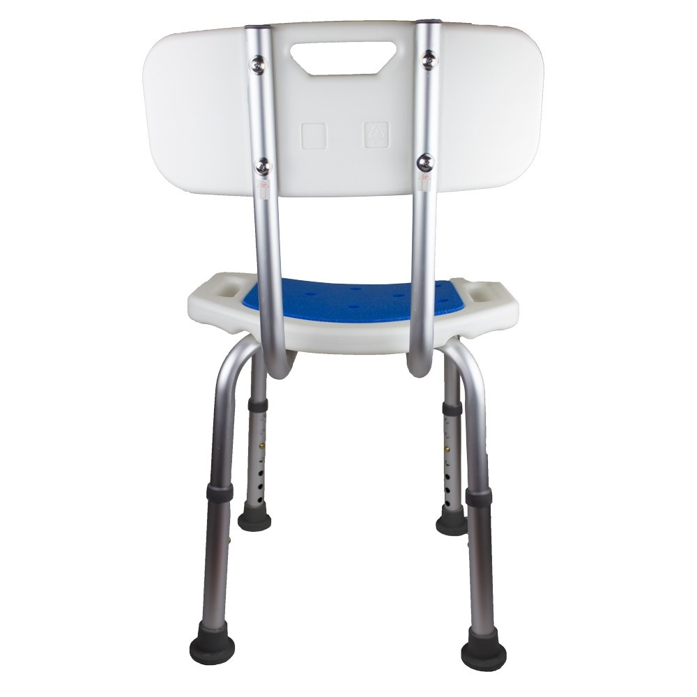 Silla de ducha con respaldo y asiento azul, patas regulables en altura.
