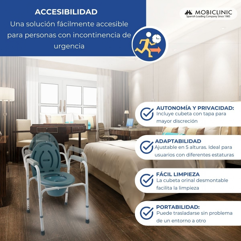 Una silla de inodoro portátil en un dormitorio con cama y escritorio.