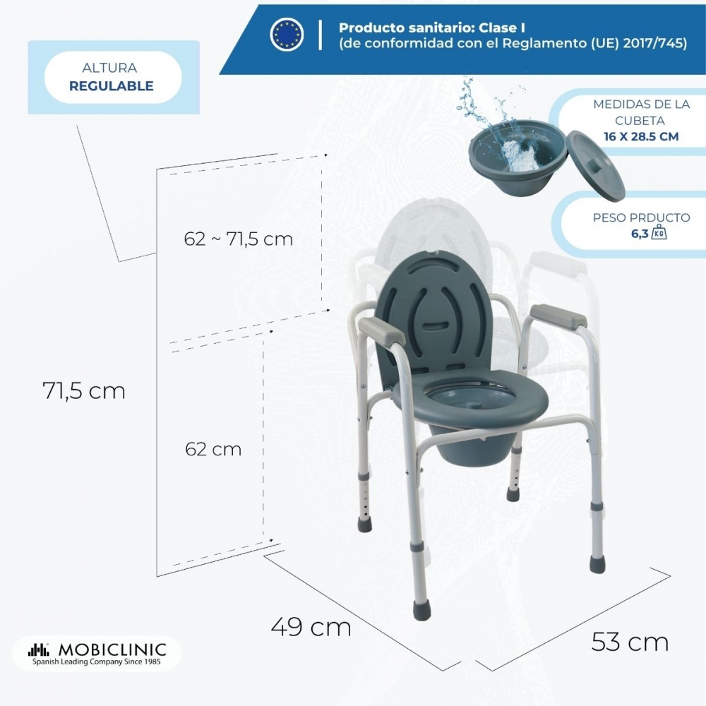 Silla de WC gris regulable con reposabrazos y medidas.