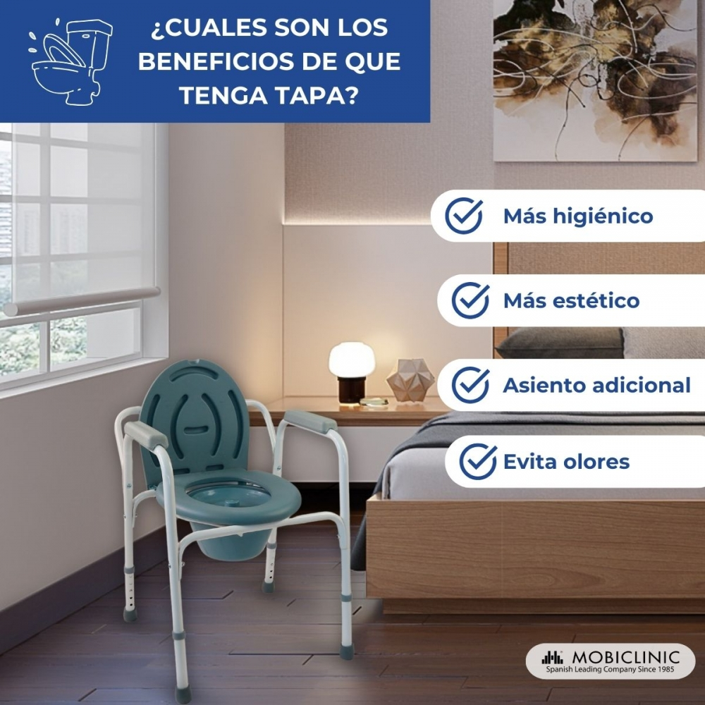 Una silla de inodoro verde con reposabrazos está en un dormitorio junto a una cama.