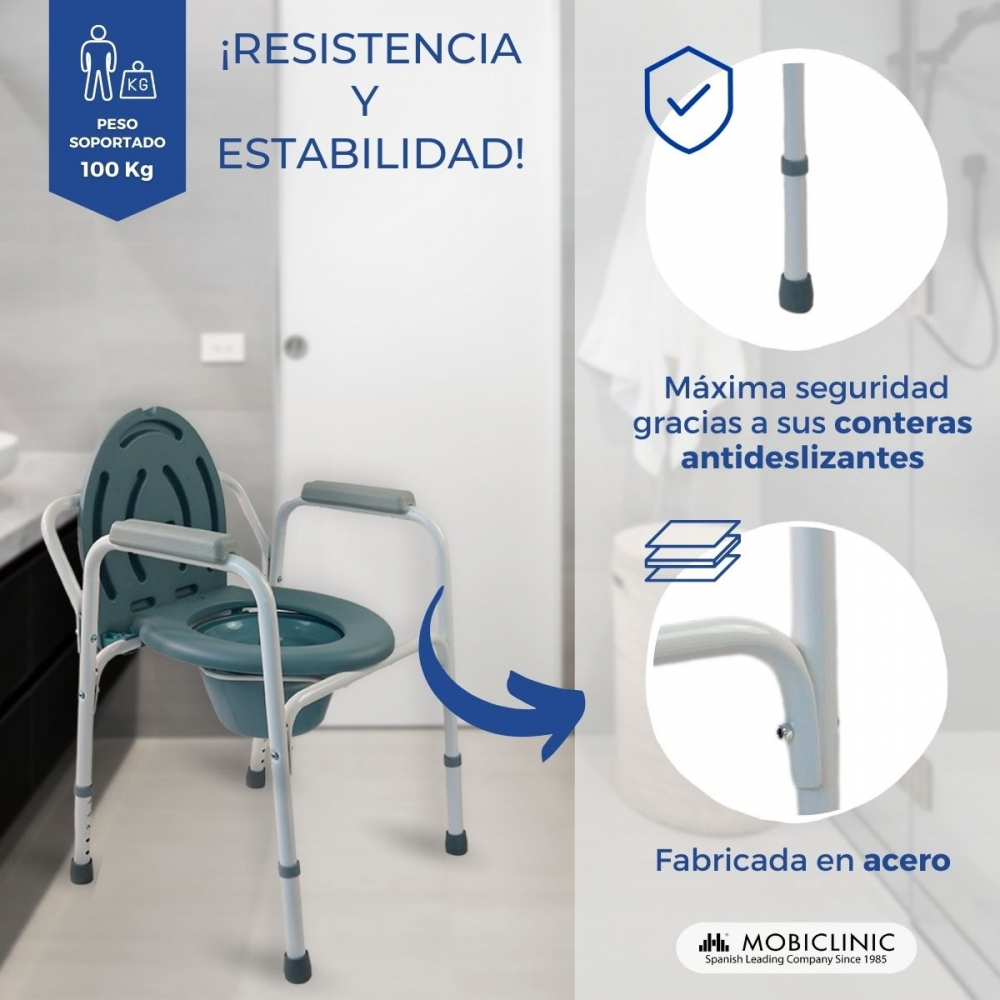 Un sillón inodoro turquesa con reposabrazos y respaldo, en un baño. Soporta 100 Kg.