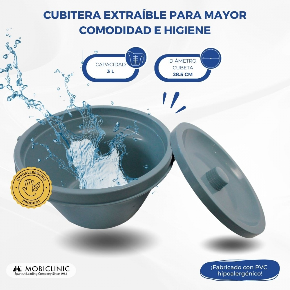 Cubeta extraíble gris con tapa y salpicaduras de agua. Capacidad: 3L, Diámetro: 28.5cm.