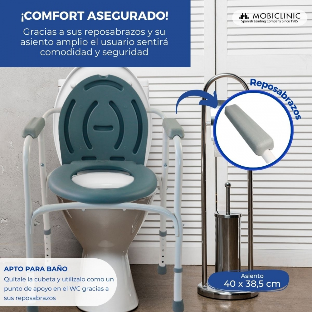 Asiento de inodoro con reposabrazos, medida 40x38,5 cm, con soporte para cepillo al lado.