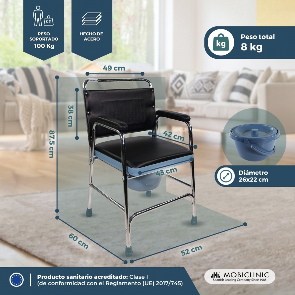 Silla de ruedas con reposabrazos y orinal integrado, mostrando medidas y peso.