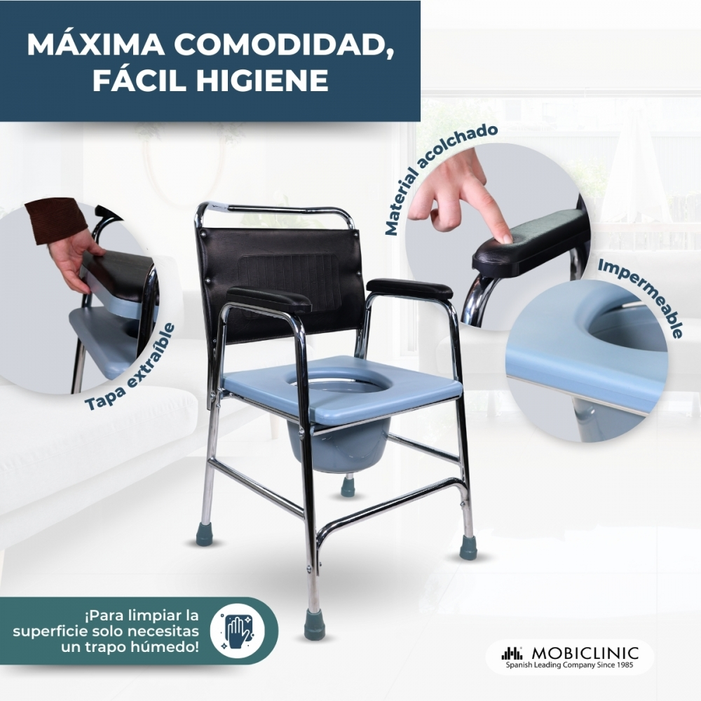 Silla médica con reposabrazos, asiento y cubo. Primeros planos resaltan tapa extraíble y reposabrazos.