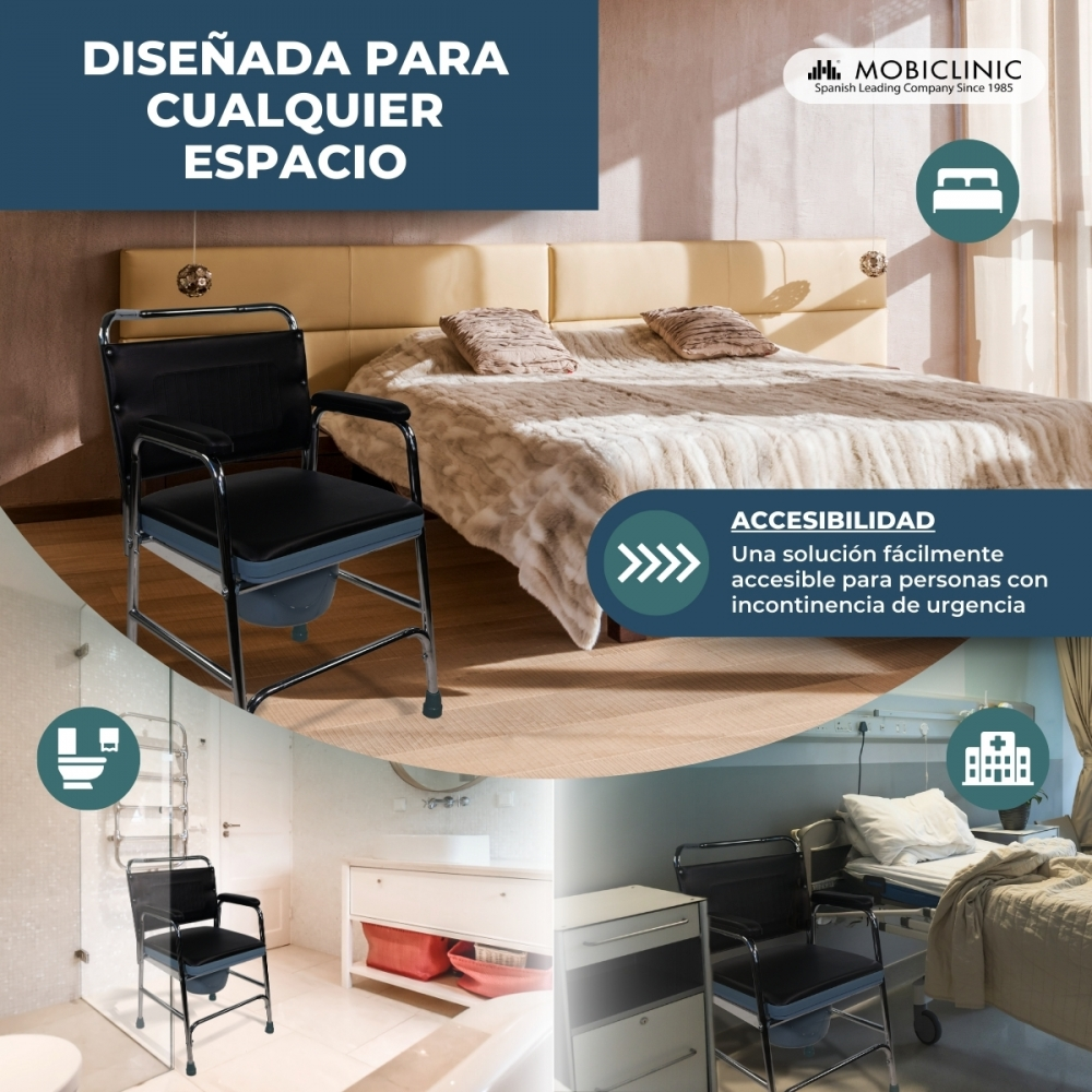 Un sillón de aseo junto a una cama en un dormitorio. Collage.