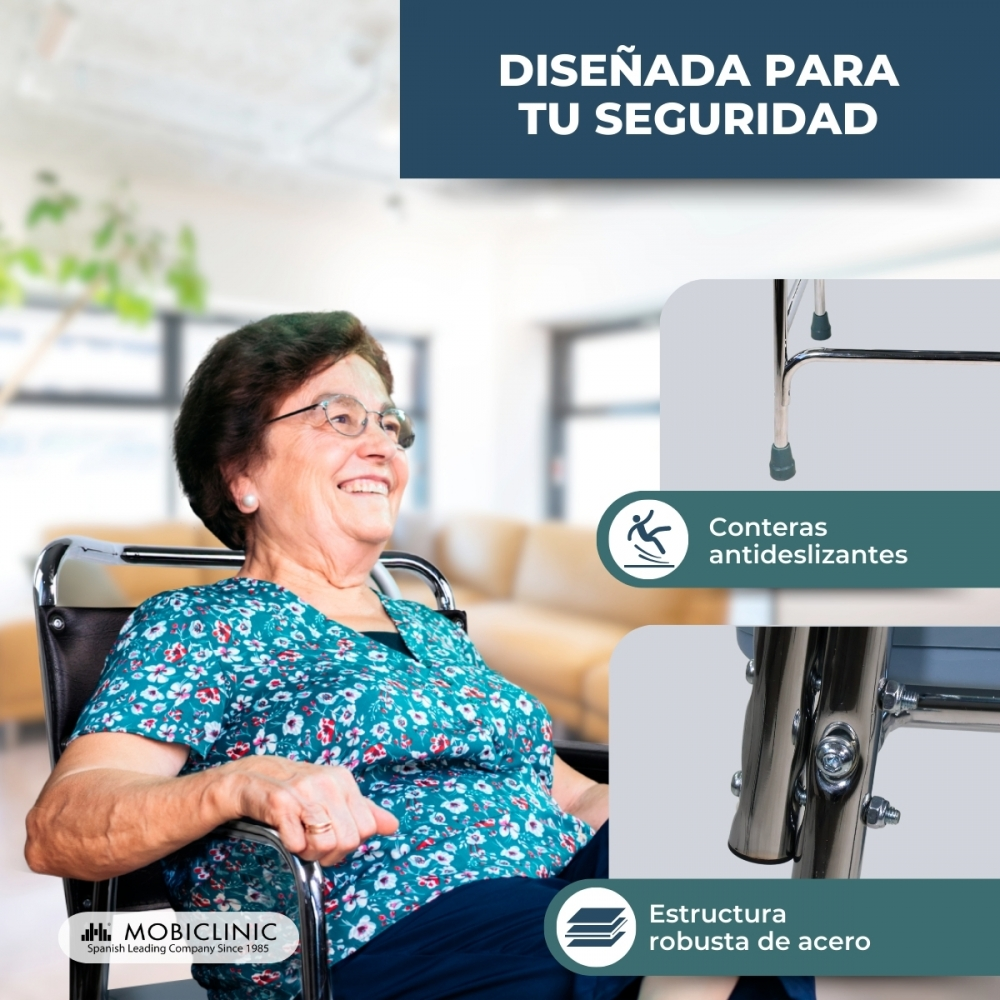 Una anciana sonríe en silla de ruedas. Detalles de tapones antideslizantes y robusta estructura de acero.