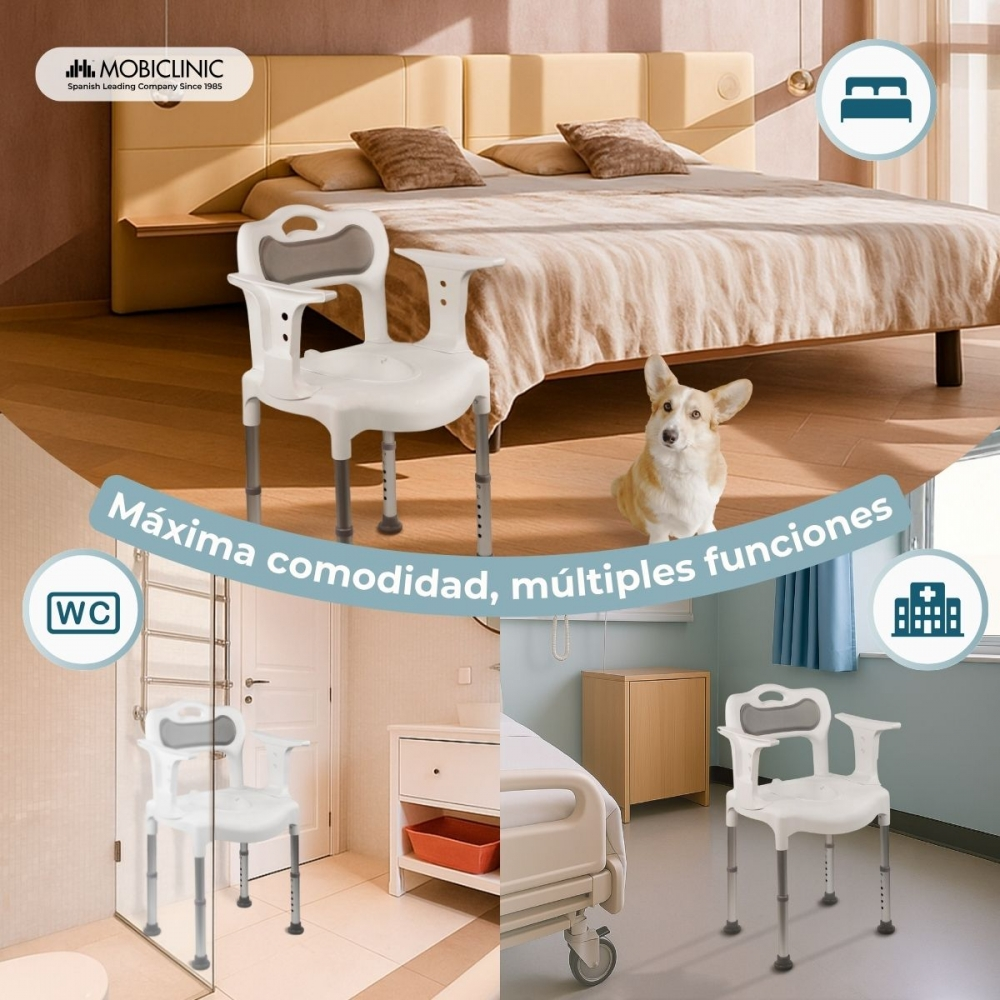 Una silla de ducha blanca en dormitorio, baño y hospital.
