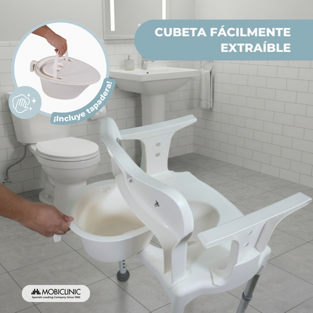 Un asiento de inodoro blanco con reposabrazos y cubo extraíble.