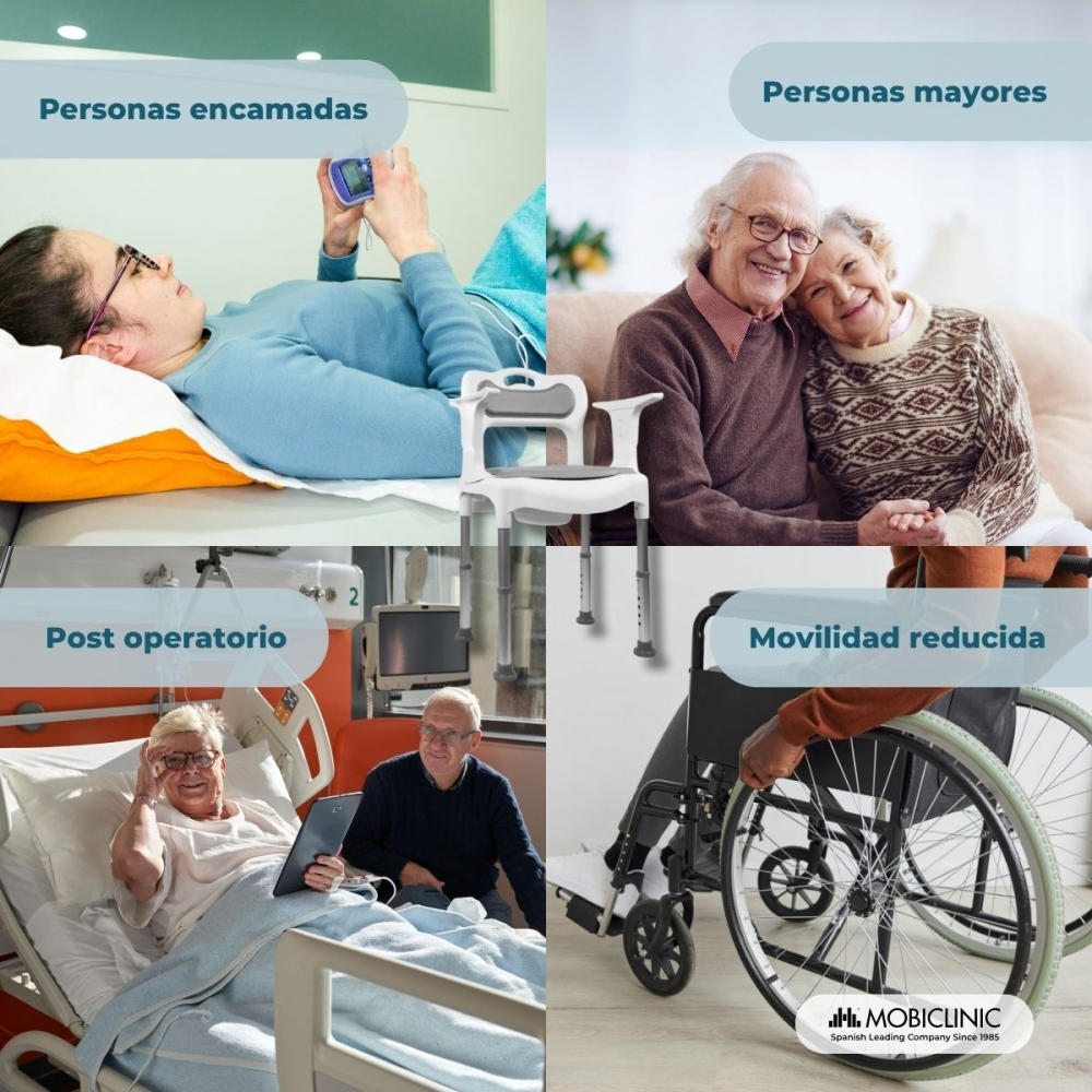 Cuatro imágenes: Mujer en cama, pareja mayor, hombre en cama hospital, persona silla ruedas.