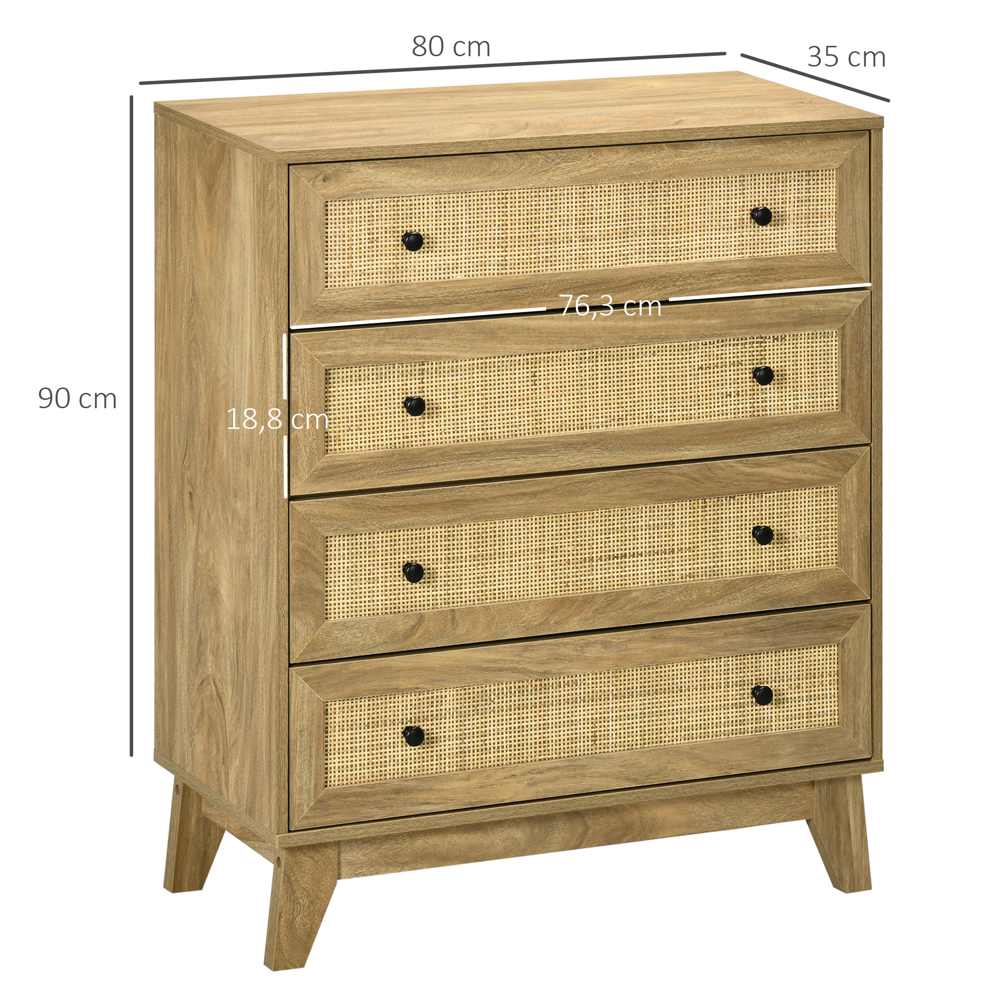 Cómoda de madera con cuatro cajones, frentes de ratán y tiradores negros.
