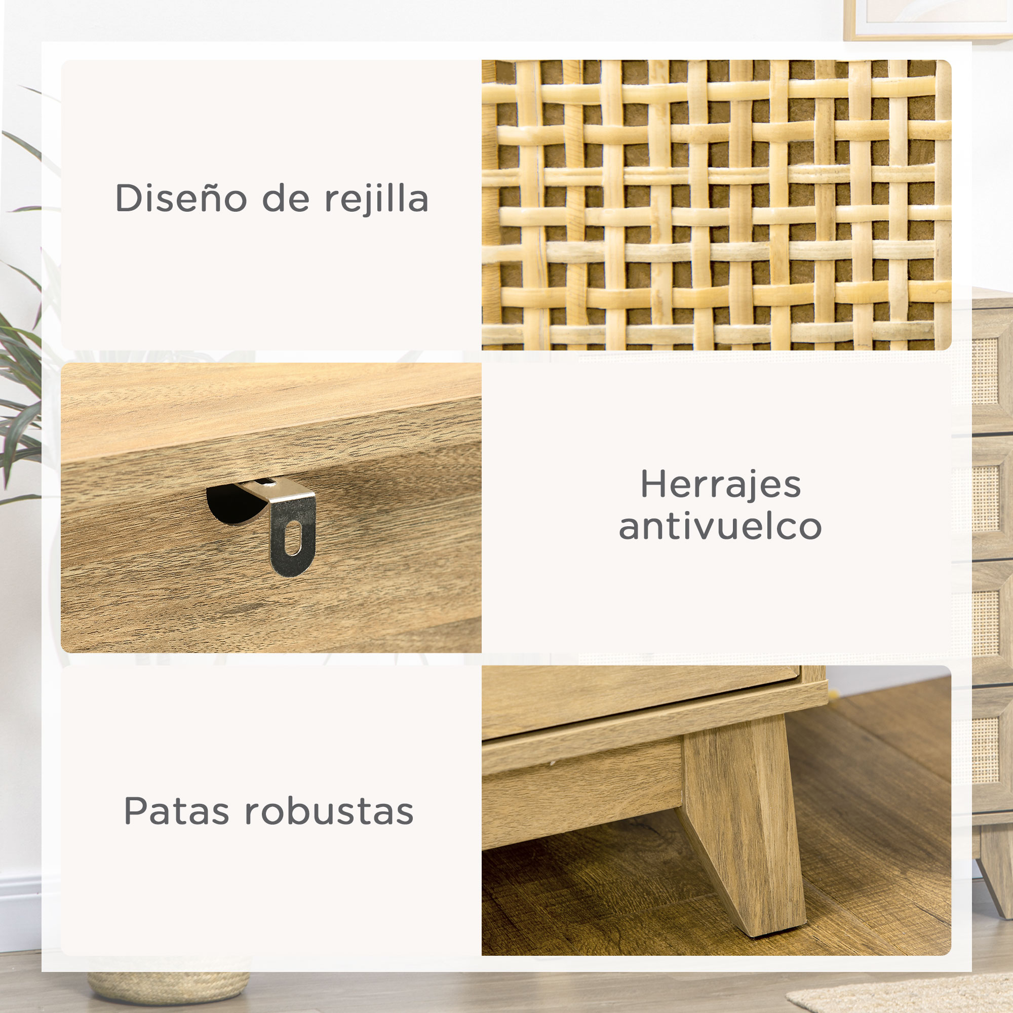 Primeros planos de detalles de muebles: tejido de ratán, soporte de cajón, patas.