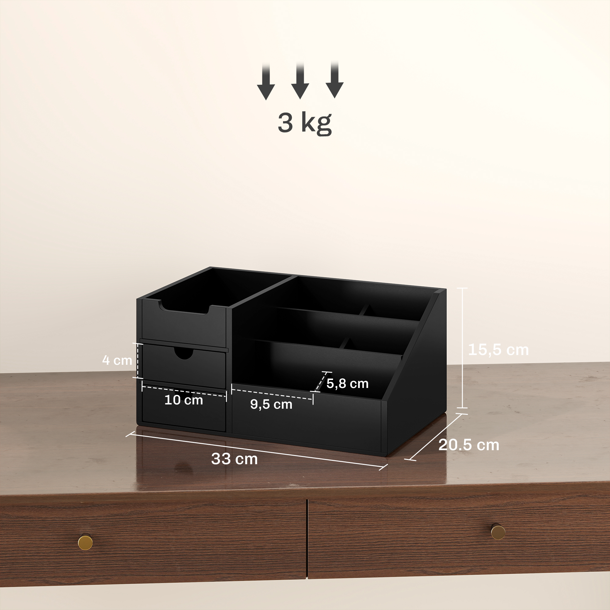 Organizador negro con cajones y compartimentos. Dimensiones: 33x20,5x15,5 cm.