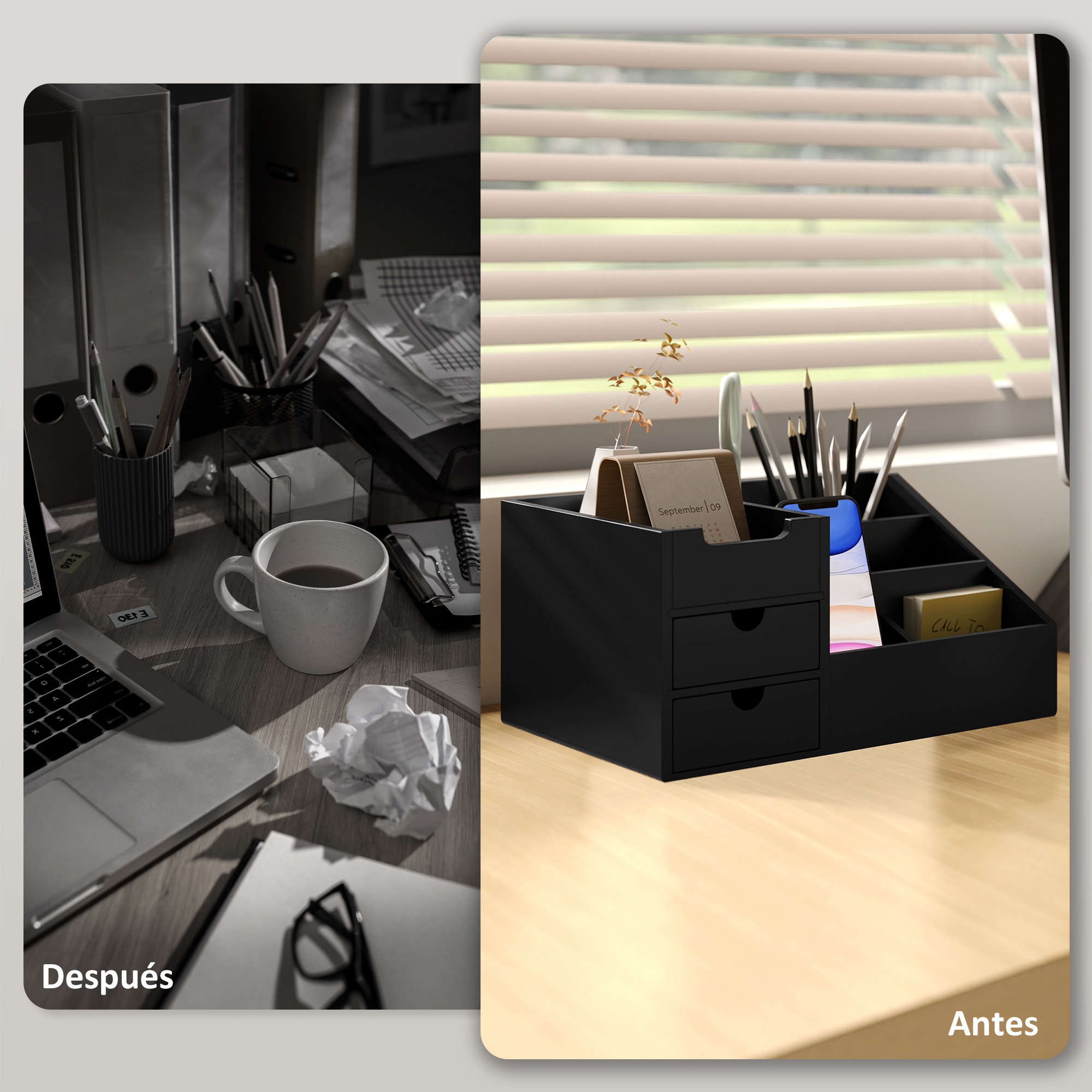 Antes/Después: Escritorio desordenado izquierda, escritorio organizado derecha.