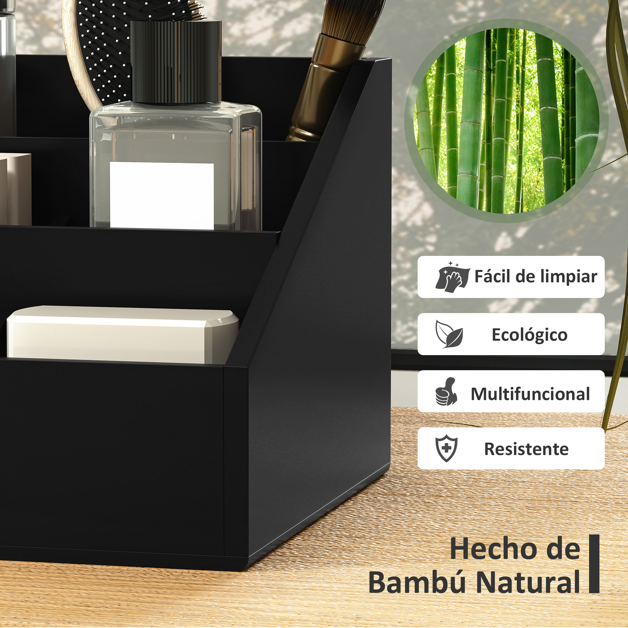 Organizador negro con perfume, cepillo y jabón. Gráfico de bosque de bambú.