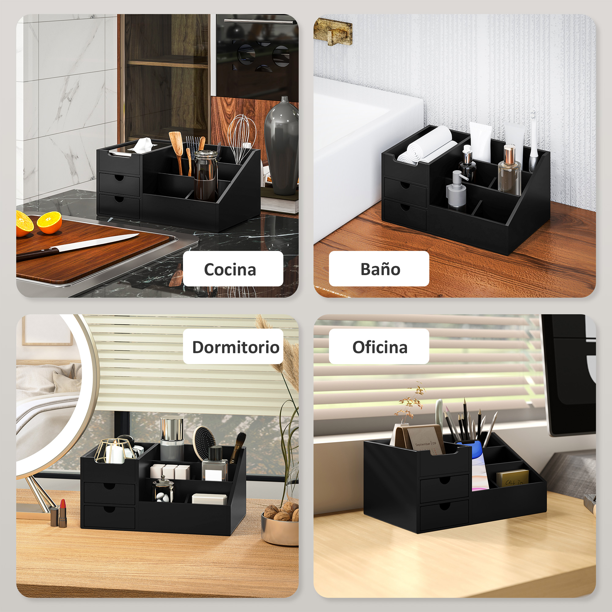 Organizador negro con cajones para cocina, baño, dormitorio y oficina.