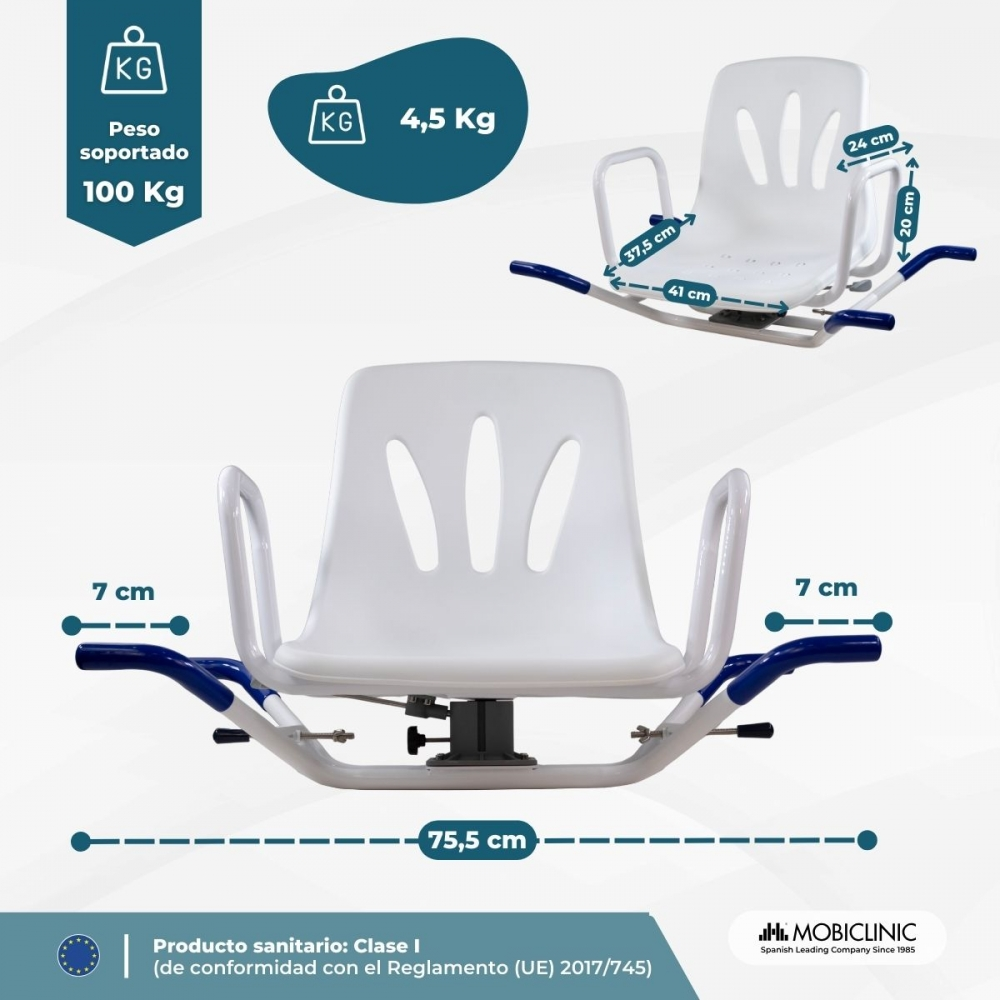 Silla de ducha blanca con mangos azules, se muestran las medidas.