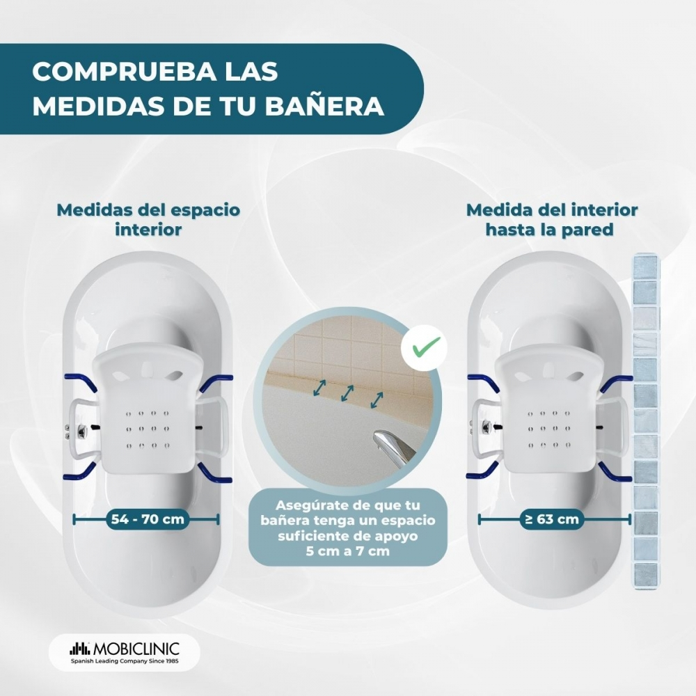 Comprueba las medidas de tu bañera. Espacio interior 54-70cm, pared ≥63cm.