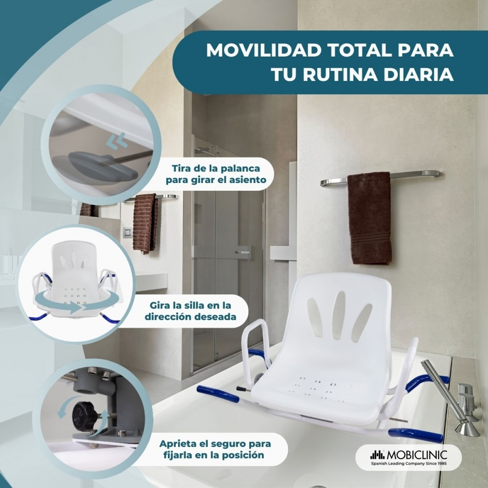 Una silla de ducha blanca con mangos azules en una bañera, con instrucciones.