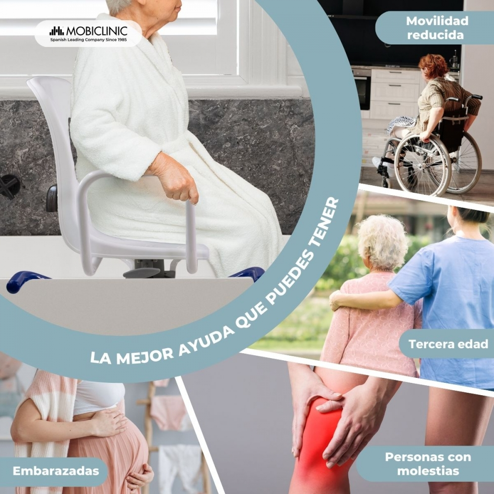 Persona mayor en bata sentada en silla de ducha. Collage: silla de ruedas, cuidadora con anciana, embarazada.