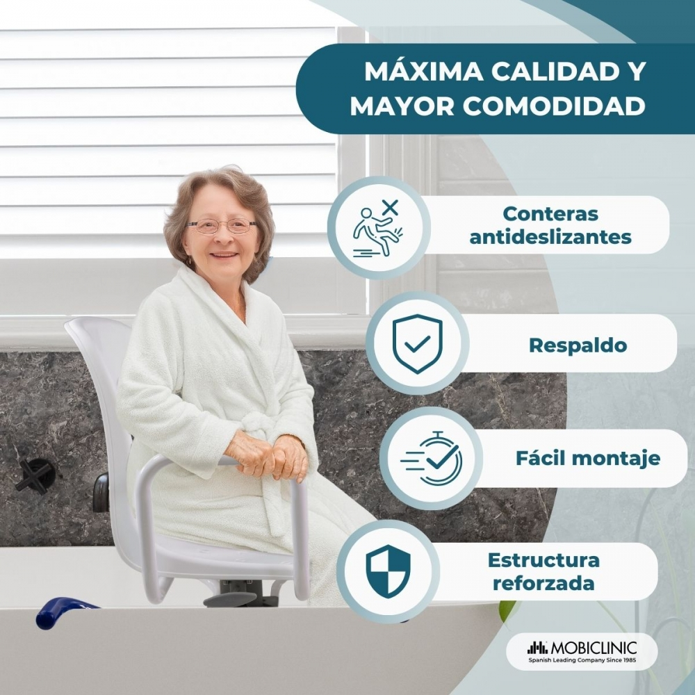 Mujer mayor sentada en un elevador de bañera blanco con asas, anunciando antideslizantes.
