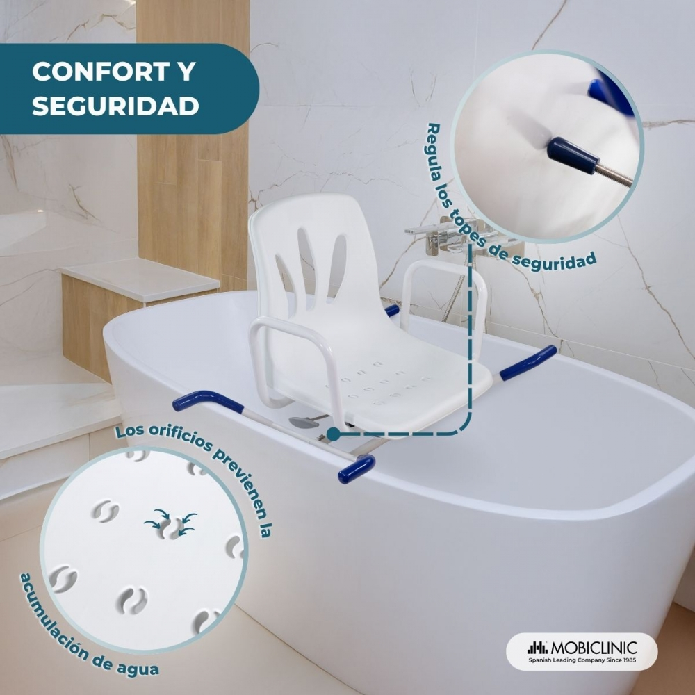Silla de ducha blanca en bañera. Primeros planos de orificios de drenaje de agua.