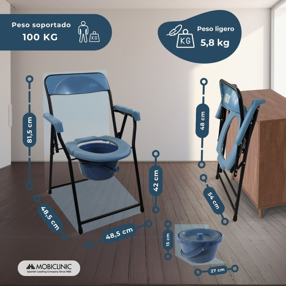 Una silla inodoro plegable azul con medidas y cubos.
