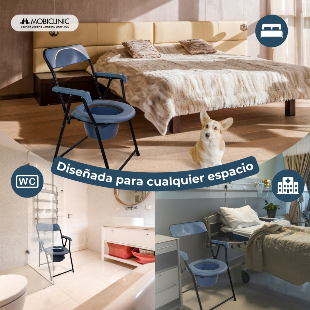 Un sillón orinal plegable en un dormitorio, baño y habitación de hospital.