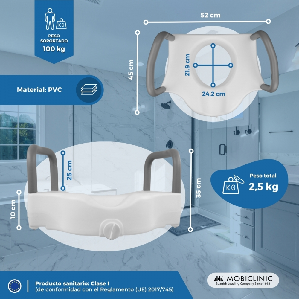 Elevador de asiento para baño con asas, 100kg, PVC, 52x45cm.