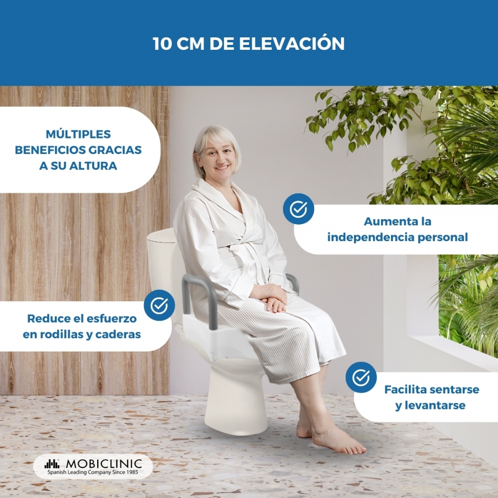 Mujer mayor sentada en inodoro elevado con reposabrazos, sonríe. Texto resalta beneficios.