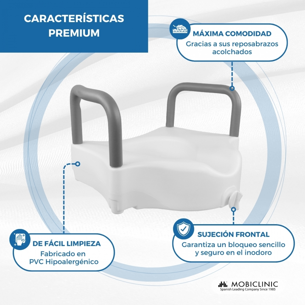 Asiento elevador de inodoro blanco con reposabrazos acolchados y sujeción frontal.
