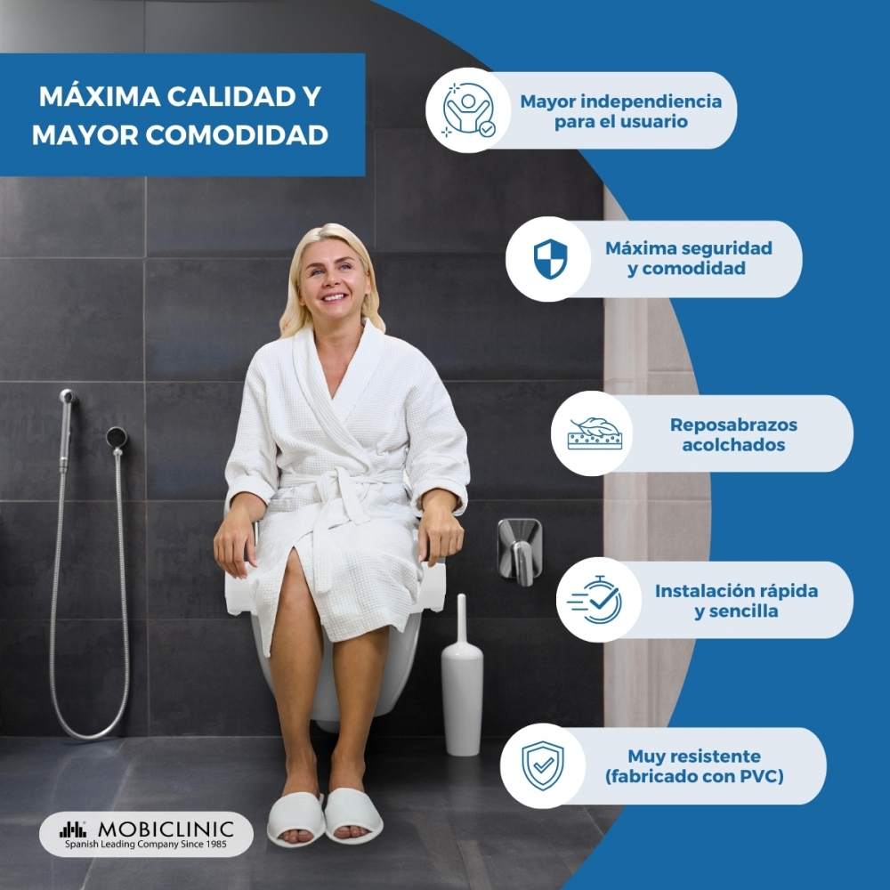 Una mujer con bata blanca sentada en el inodoro. Iconos describen beneficios.