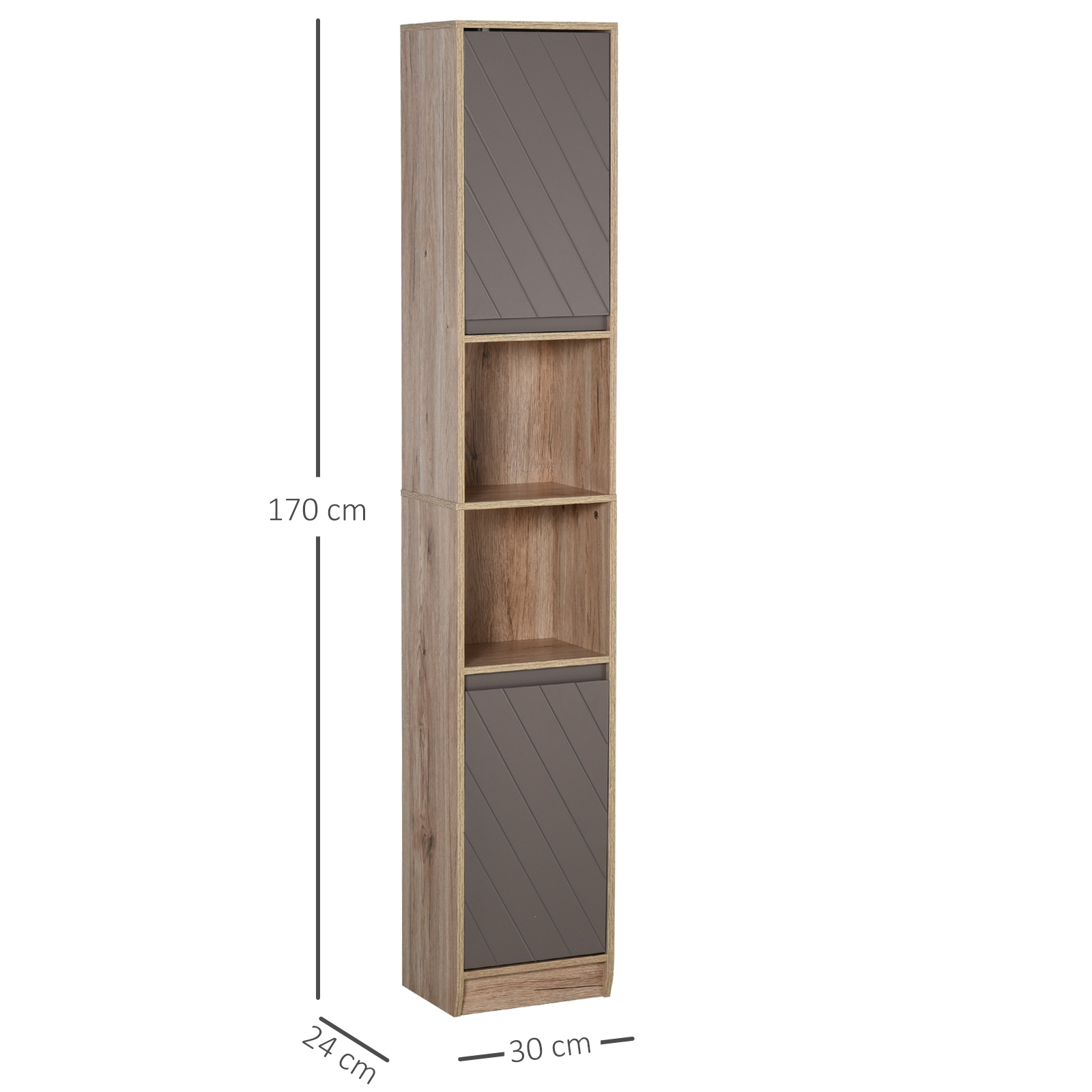 Armario alto y estrecho con acabado de madera, puertas grises y estantes abiertos.
