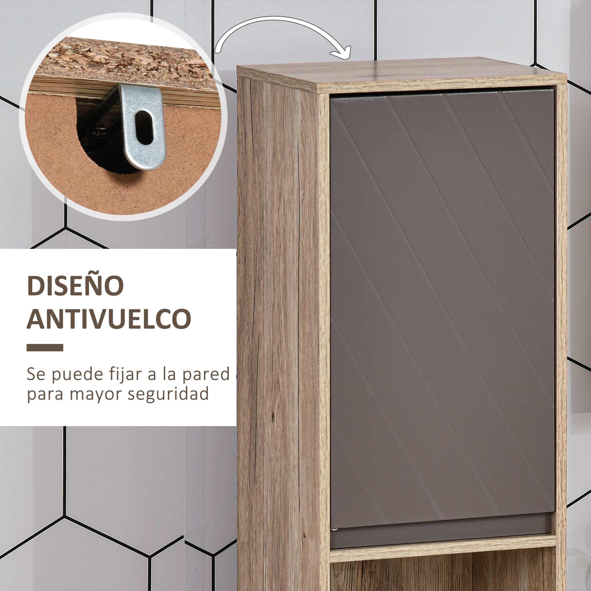 Un soporte antivuelco para muebles fijado a un panel de madera para seguridad.