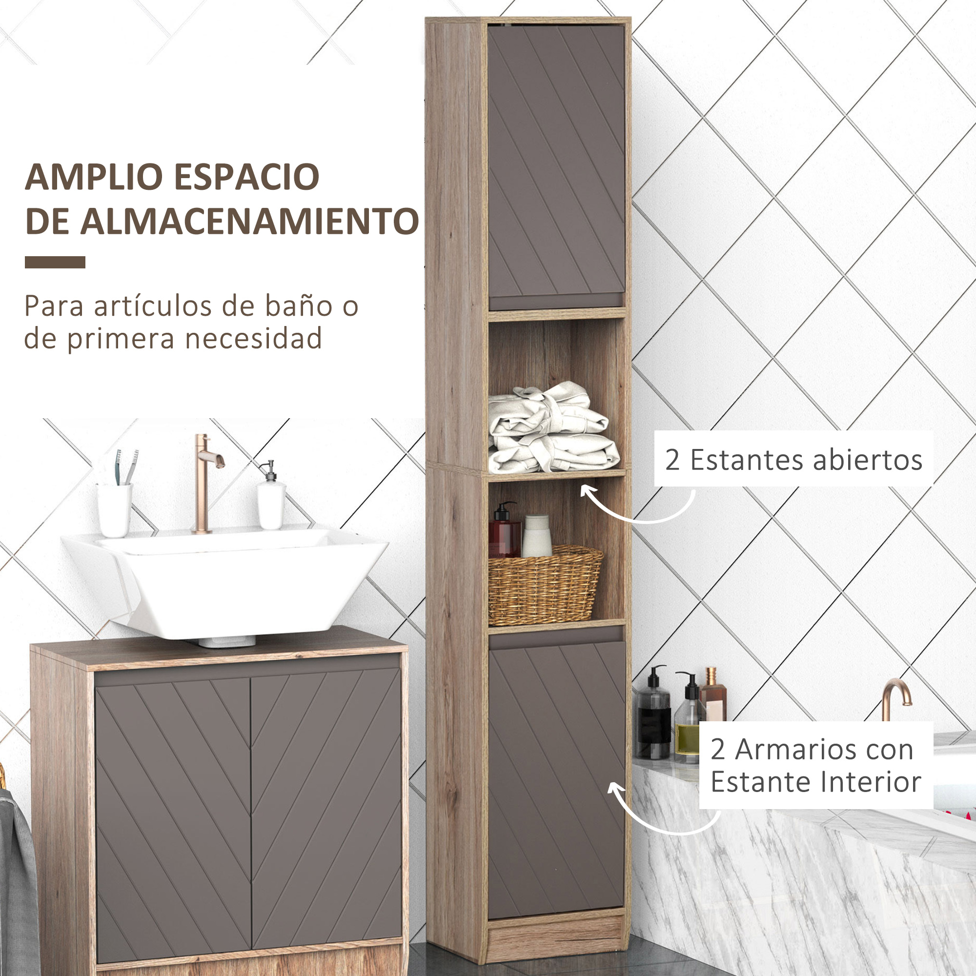 Un mueble de baño con dos estantes abiertos y dos armarios.