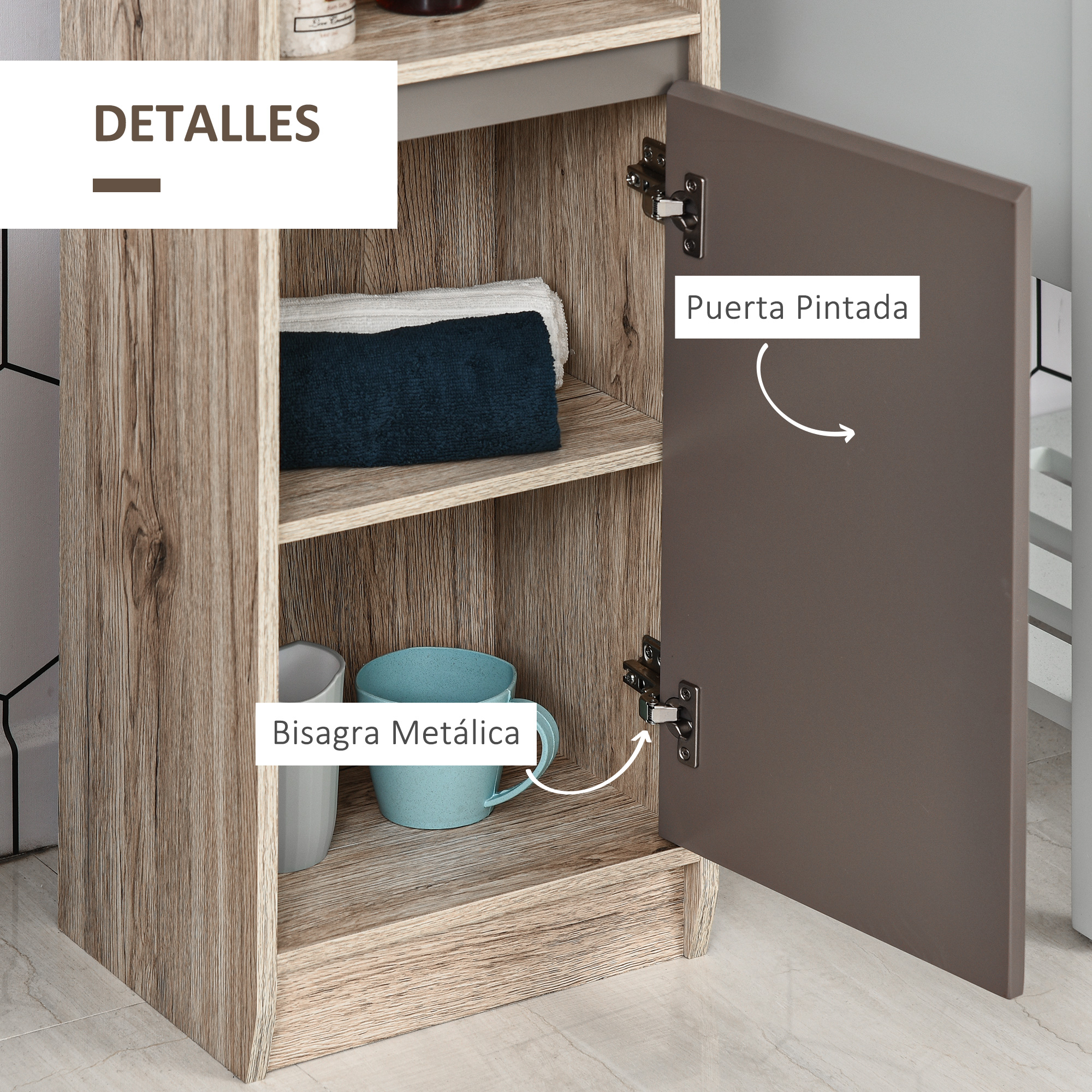 Puerta de armario de madera abierta con bisagras metálicas y toallas.