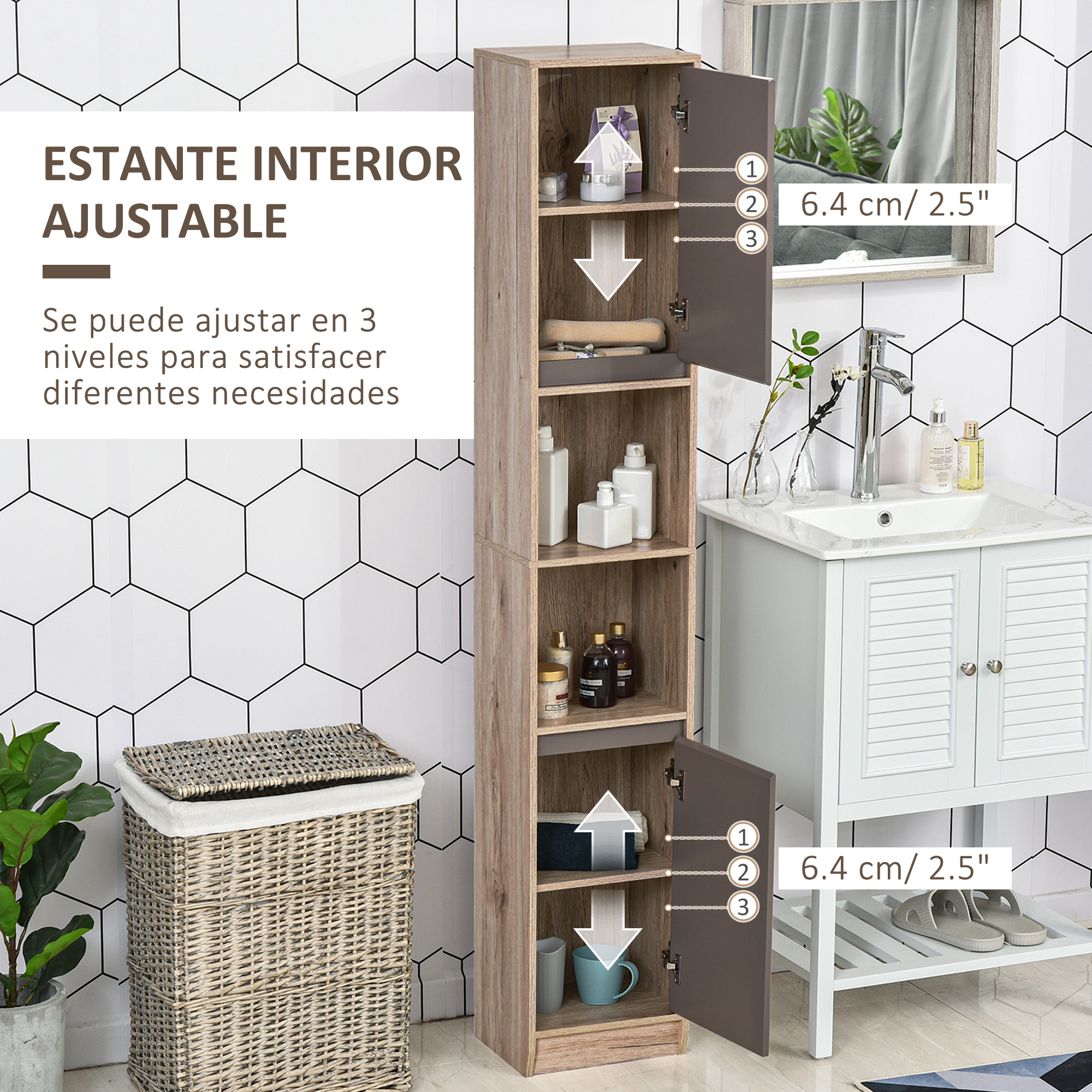Armario alto de madera con tres estantes abiertos, junto a un lavabo y cesto de ropa.