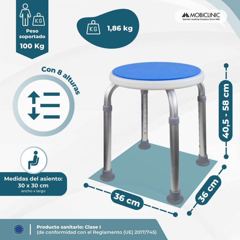 Un taburete con asiento azul, 8 alturas, 100kg de carga, asiento 36x30cm.