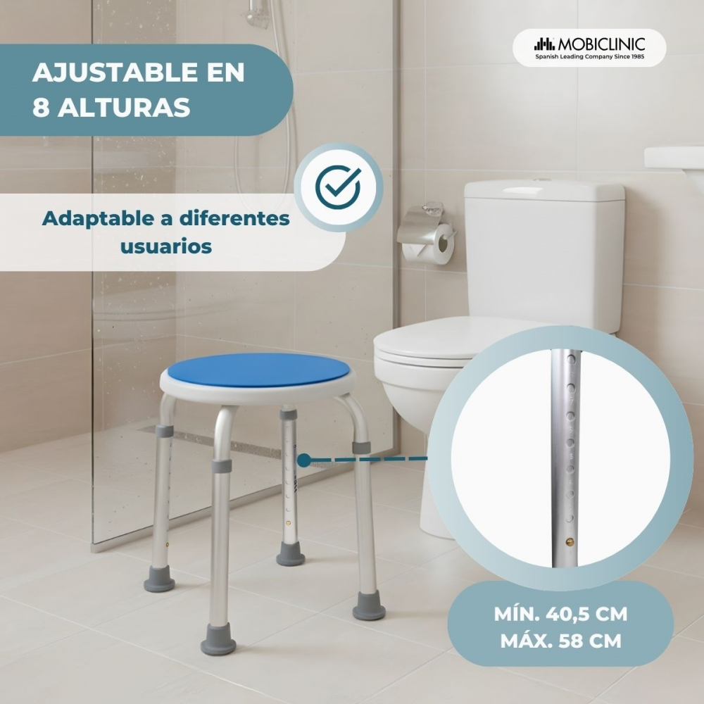 Un taburete de ducha regulable en altura con asiento azul, en un baño.