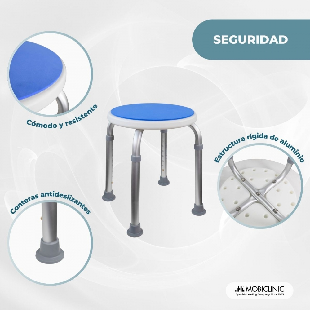 Un taburete azul para ducha con marco de aluminio y pies antideslizantes.