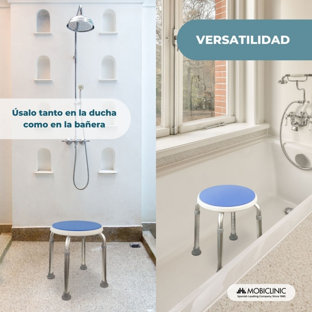 Taburete de ducha ajustable con asiento azul en ducha y bañera.