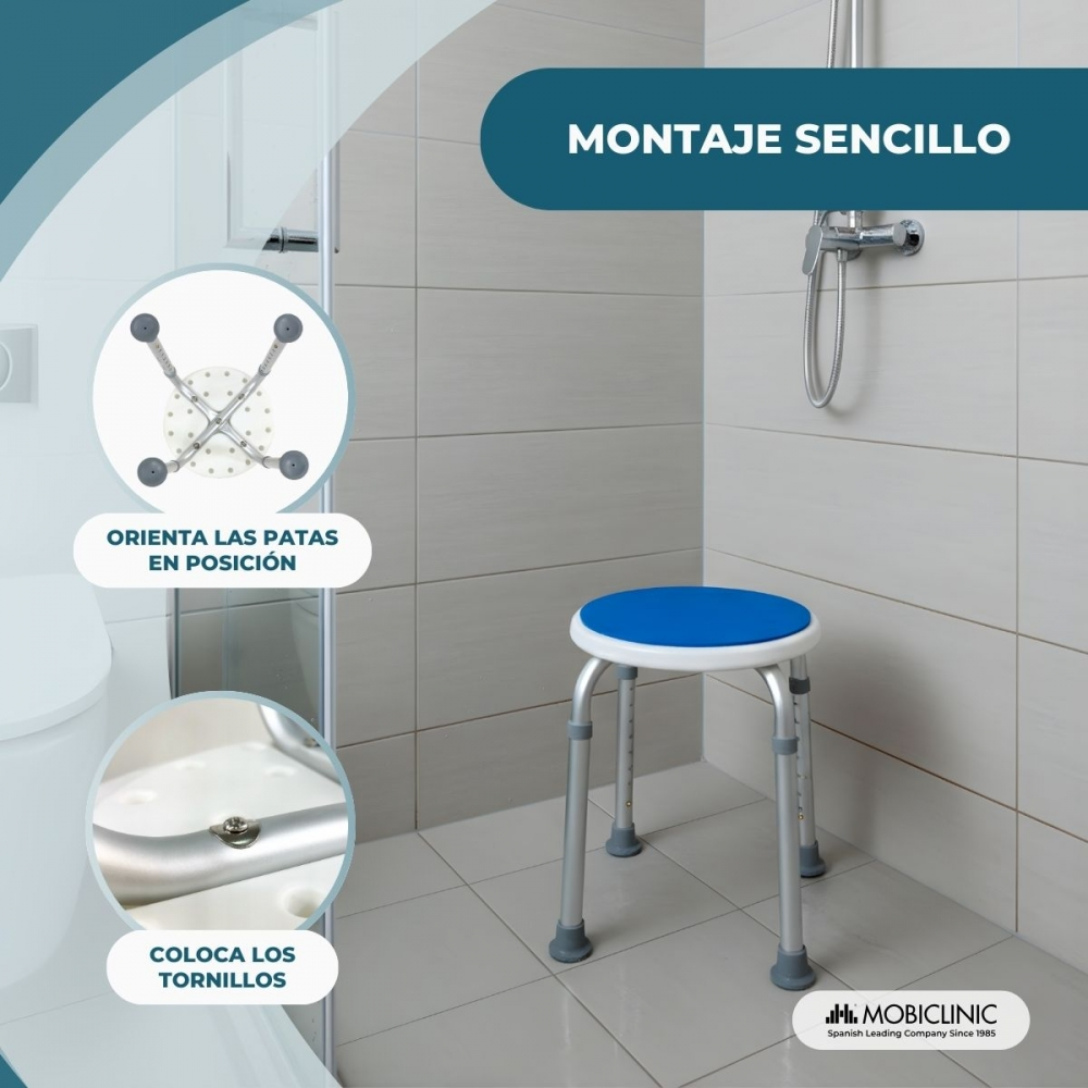Un taburete de ducha con asiento azul está en un baño. Se muestran instrucciones.