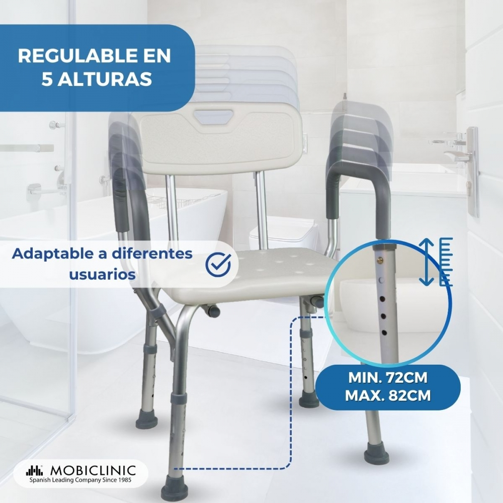 Silla de ducha regulable en altura, 72-82cm, para baño.
